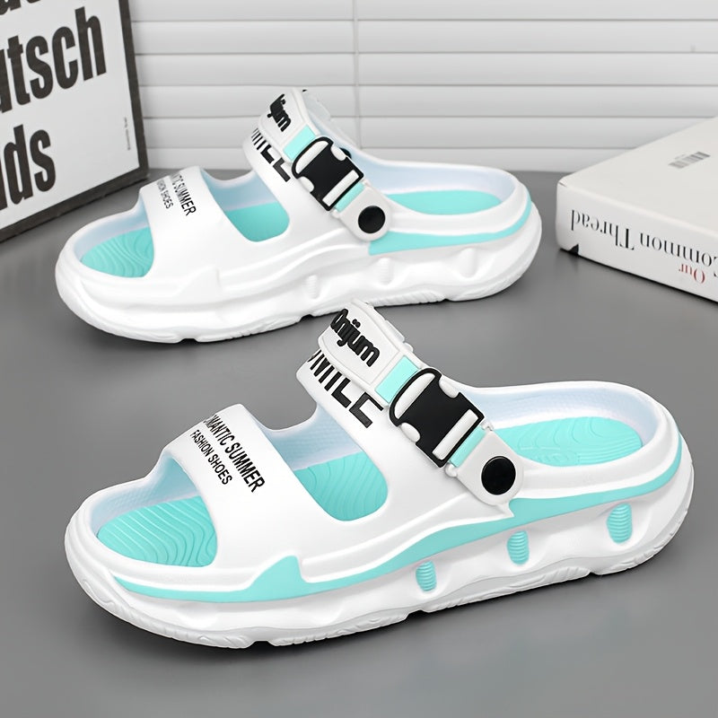 Women's Sport Sandals with Thick Cushioned EVA Sole, Slip-Resistant High Quality Design & Anti-Odor Technology - Black/Orange Letter Print for Beach, Outdoor, Home Use - Lightweight Breathable Slip-On Slippers