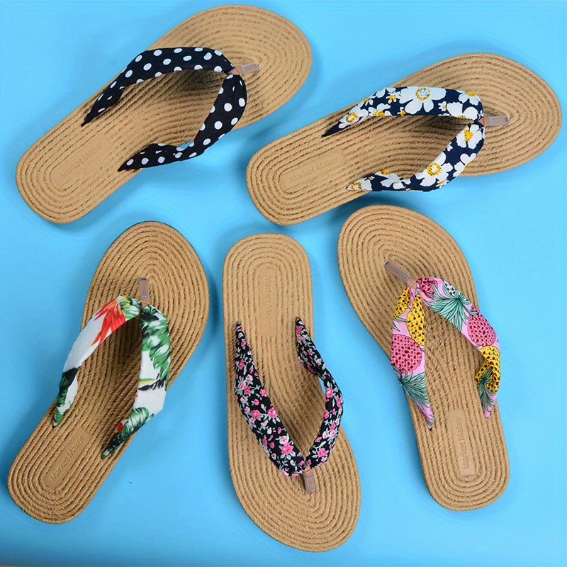 Women's Beach Flip-Flops with Linen Upper & EVA Sole - Non-Slip Flat Sandals, Beige & Black Polka Dot Design, Soft Cushioned Insole for Poolside, Summer Casual, and Casual Attire - Breathable Comfortable Slippers