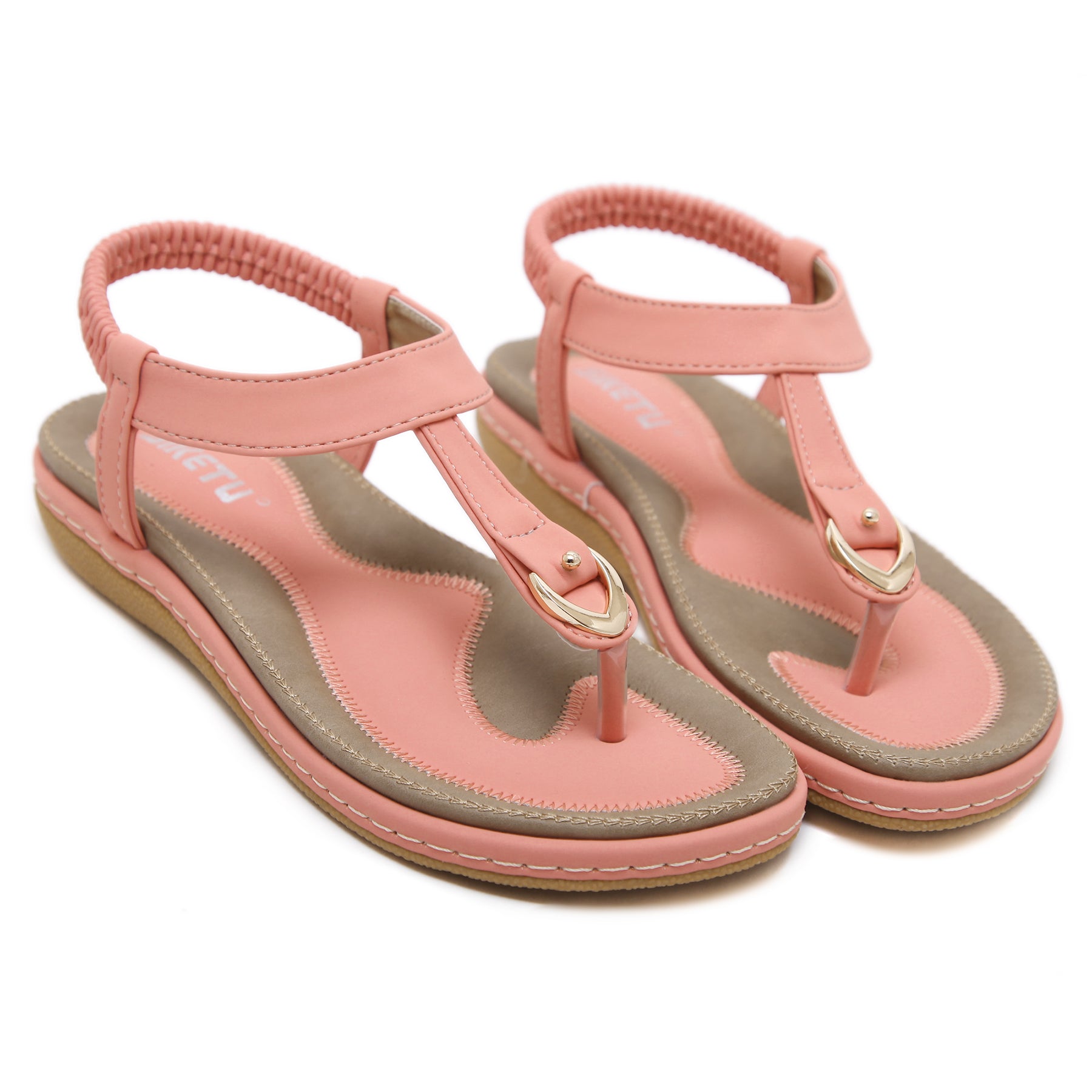 [Pink Flat Sandals] Pink Women's Flat Sandals, Large Size, Synthetic Upper, TPR Sole, Open Toe, Ankle Strap, Golden Buckle and Embroidered Straps | Summer 2025 Casual Footwear, Durable