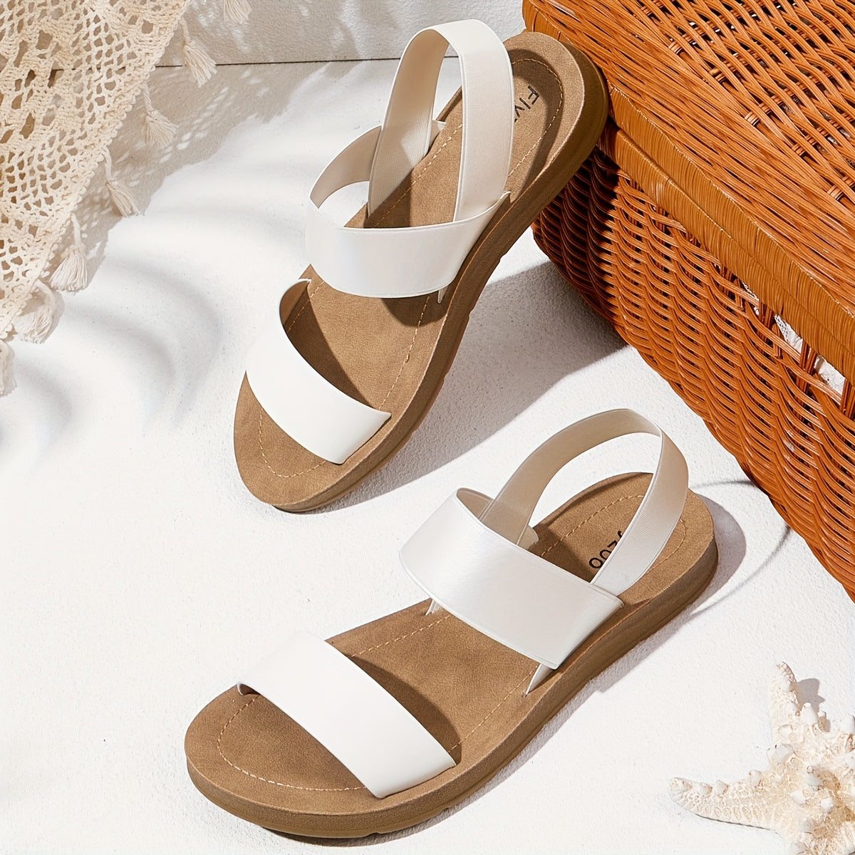 1 Pair Women'S White Slip-On Sandals - Breathable Synthetic Cover Flat Heel, Open-Toe Design for Casual & Commuting, Easy to Wear with Straw Hat & Basket in the Background, Summer Footwear, Comfortable Footwear