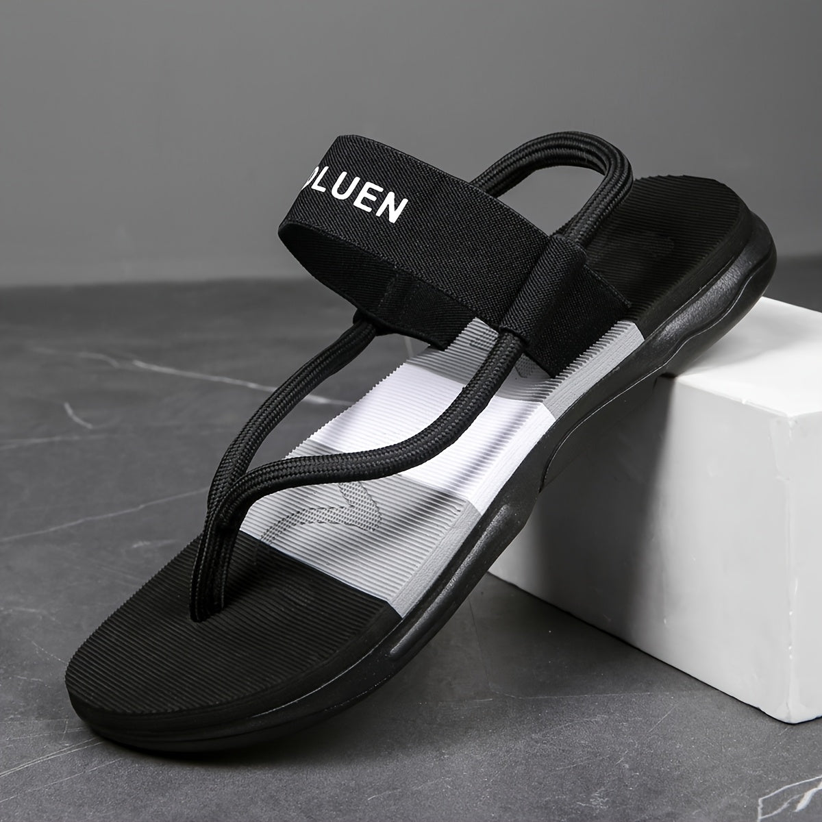 Men's Casual Flip Flops with Bold Letter Print & Striped Design - Durable Fabric Upper, Non-Slip PVC Sole, Comfortable EVA Insole - All-Season Versatile for Beach, Pool, Lounge - Blue, Beach Accessories, Poolside Footwear