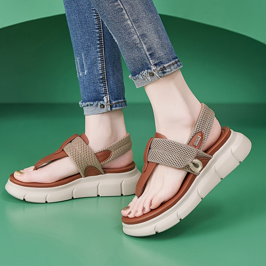 [Casual Sandals] Thick-Soled Women's Casual Sandals | Open-Toe Summer Shoes with Breathable Mesh Upper, Faux Cover Lining, Adjustable Hook-and-Loop Closure for Comfort, Versatile Style, Strappy Ankle Strap