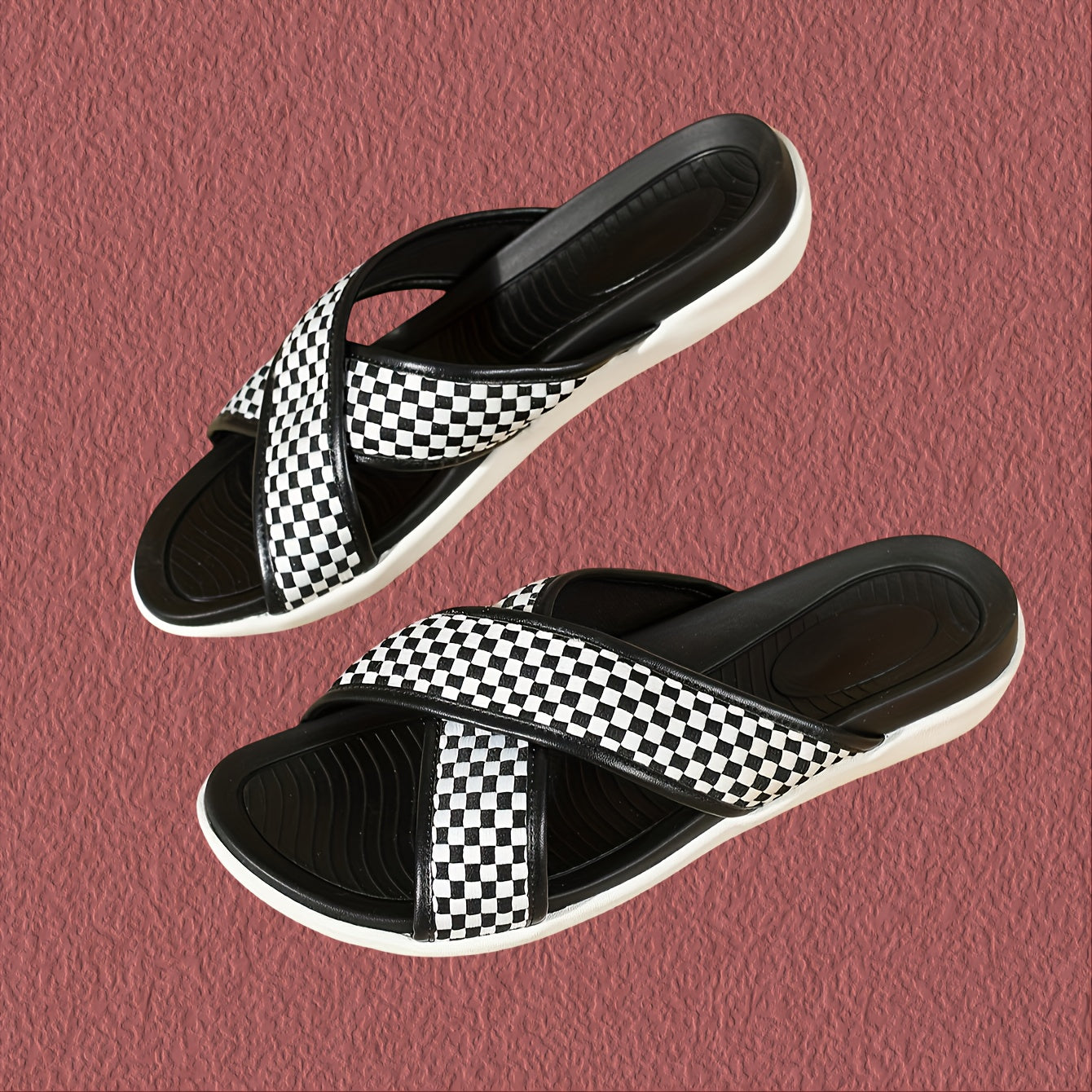 JH91-2 Women's Slip-On Platform Sandals - Checkered Cross Strap Ankle Wrap, Ultra-Soft Fabric Upper & TPR Sole, Non-Slip Durable Beach Shoes for Summer, Retro Sporty Casual Outdoor Footwear, Strappy Sandals, Summer Footwear, Trendy Footwear, Comfortable