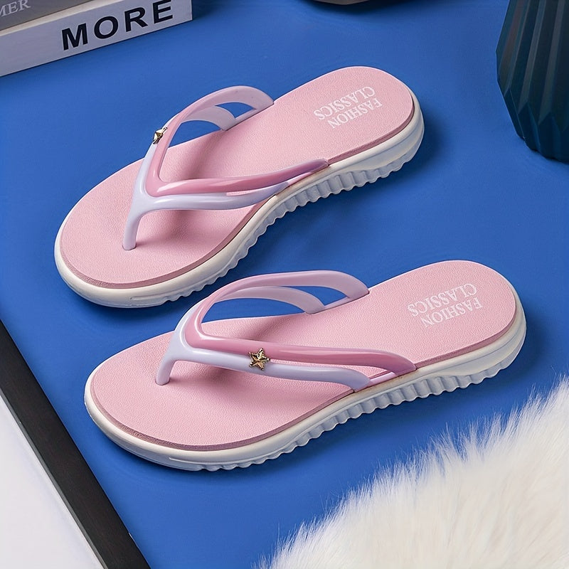 Women's Anti-Slip Mid-Heel Flip Flops - Soft Pink EVA Sandals with Hook-and-Loop Closure, Comfortable Casual Beach Shoes for All Seasons, Trendy French Heel Design, Summer Footwear, Crisscross Straps, Lightweight Footwear