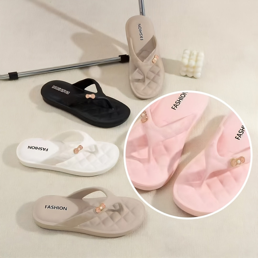 Summer New Arrival, Korean-Japanese Fashionable Thick Sole Non-Slip Cute Bow EVA Flip-Flops, Fashionable Checkered Insole, Comfortable and Breathable, Convenient to Wear, Suitable for Bathroom, Home, Outdoor, Beach, Office, Party