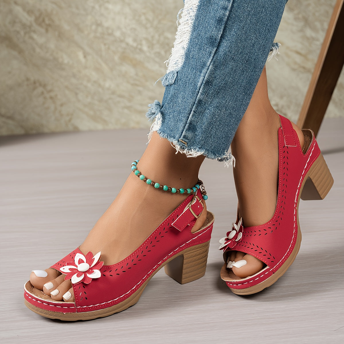 Women's Slip-On Roman Bohemian High-Heel Sandals - Chunky Platform Heels with Floral Cutout Design, Open-Toe Summer Beach Shoes in Black/White/Red/Brown - Synthetic Cover & PU Sole for Casual & Semi-Formal Outfits