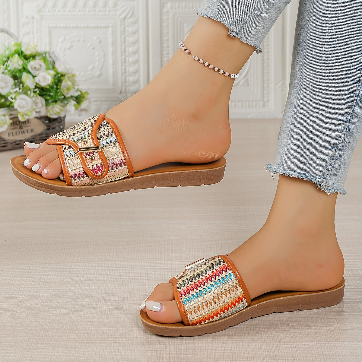 Women's Summer Slip-On Sandals - Non-Slip Cushioned insoles, Breathable Open-Toe Flat shoes with Pastel Colors (Beige/Blue/Pink/Orange/Teal/Purple/Black/White/Red/Golden) - PU Sole for Beach, Casual, Office - Easy-Clean Footwear, Beach Essentials, Woven