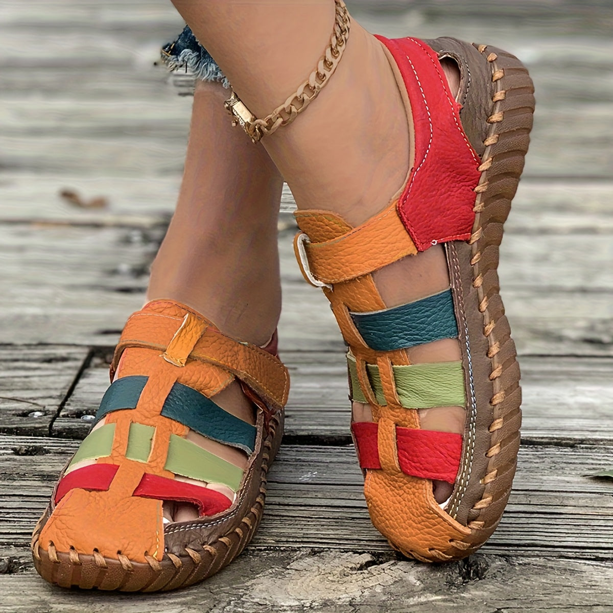 Women’s Colorful Flat Sandals - Soft Casual Loafers with Non-Slip Rubber Sole, Cut-Out Design, and Elastic Straps for Comfortable Fit, Ladies Sandals