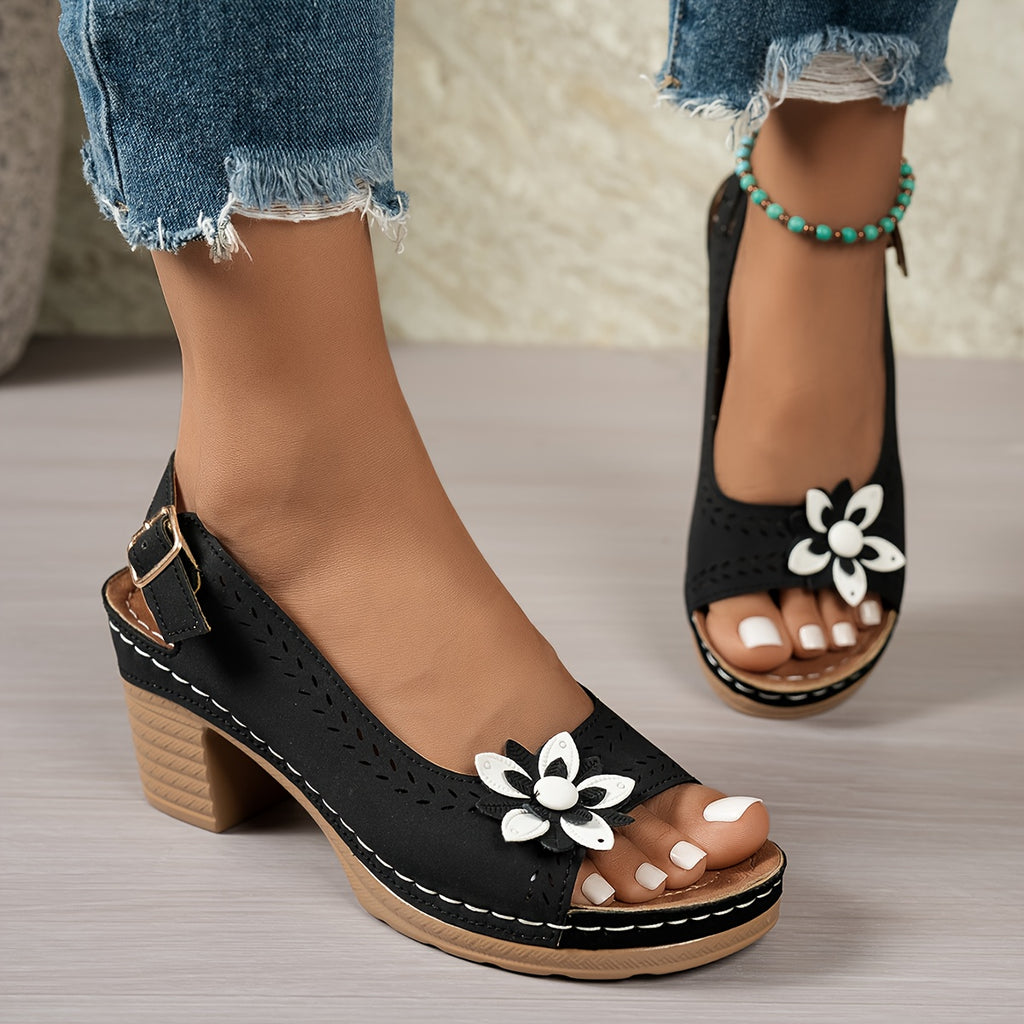 Women's Slip-On Roman Bohemian High-Heel Sandals - Chunky Platform Heels with Floral Cutout Design, Open-Toe Summer Beach Shoes in Black/White/Red/Brown - Synthetic Cover & PU Sole for Casual & Semi-Formal Outfits