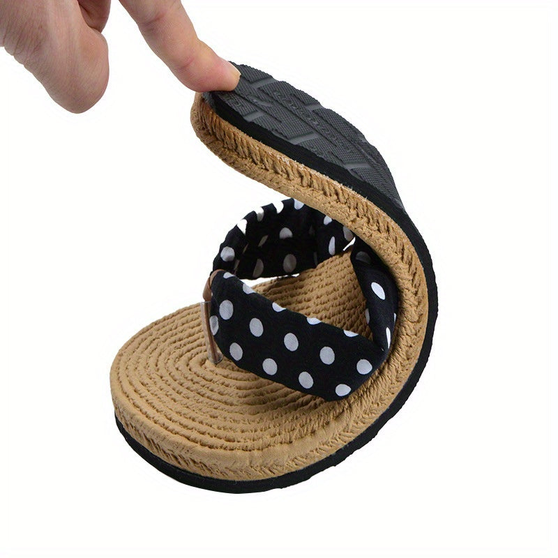 Women's Beach Flip-Flops with Linen Upper & EVA Sole - Non-Slip Flat Sandals, Beige & Black Polka Dot Design, Soft Cushioned Insole for Poolside, Summer Casual, and Casual Attire - Breathable Comfortable Slippers
