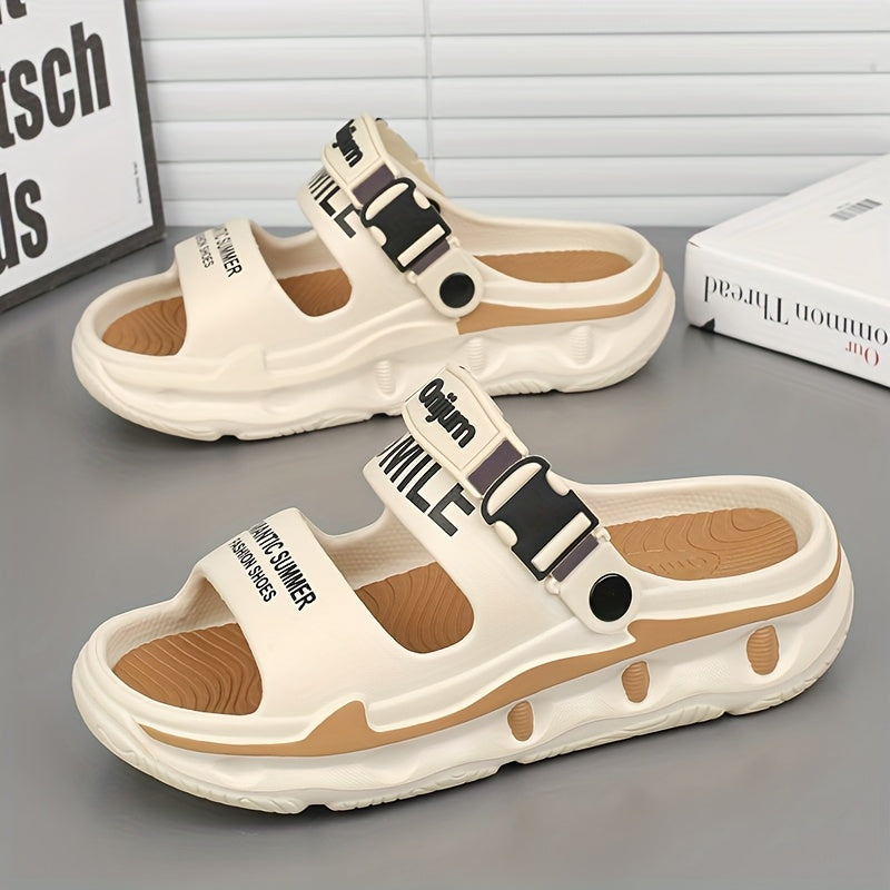 Women's Sport Sandals with Thick Cushioned EVA Sole, Slip-Resistant High Quality Design & Anti-Odor Technology - Black/Orange Letter Print for Beach, Outdoor, Home Use - Lightweight Breathable Slip-On Slippers