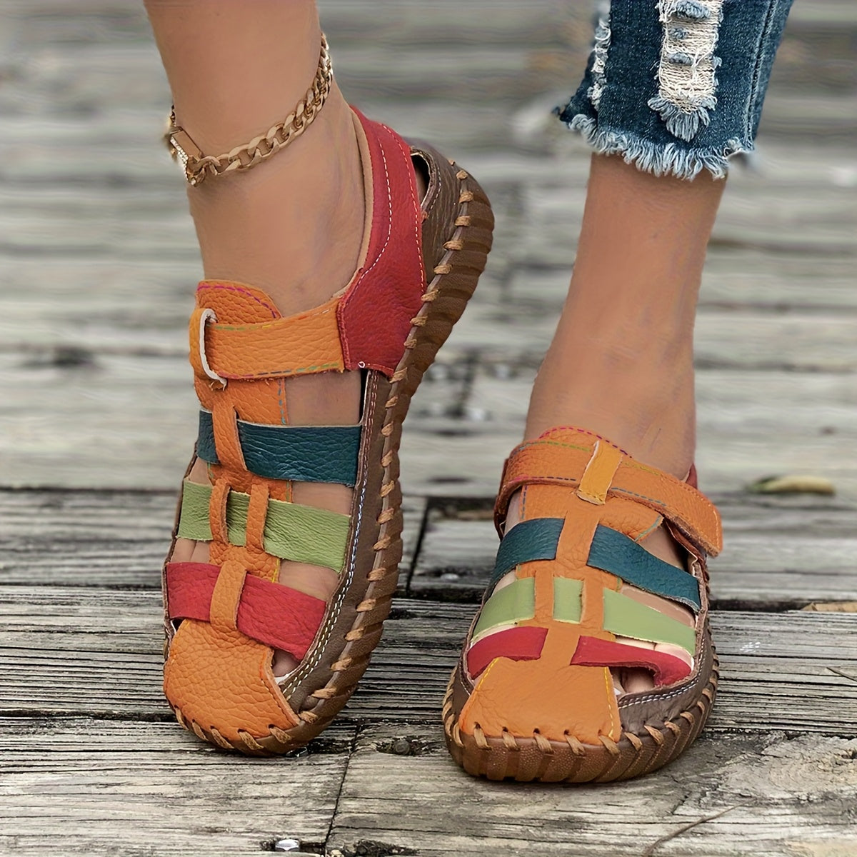 Women’s Colorful Flat Sandals - Soft Casual Loafers with Non-Slip Rubber Sole, Cut-Out Design, and Elastic Straps for Comfortable Fit, Ladies Sandals
