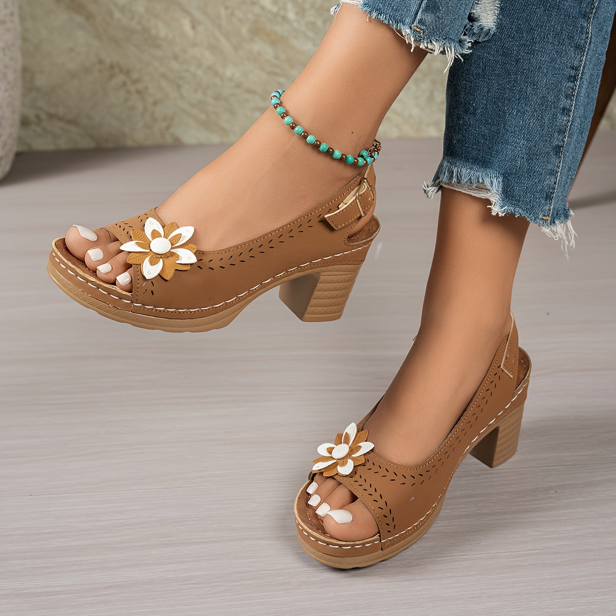 Women's Slip-On Roman Bohemian High-Heel Sandals - Chunky Platform Heels with Floral Cutout Design, Open-Toe Summer Beach Shoes in Black/White/Red/Brown - Synthetic Cover & PU Sole for Casual & Semi-Formal Outfits