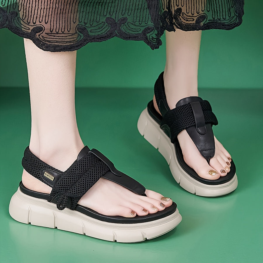 [Casual Sandals] Thick-Soled Women's Casual Sandals | Open-Toe Summer Shoes with Breathable Mesh Upper, Faux Cover Lining, Adjustable Hook-and-Loop Closure for Comfort, Versatile Style, Strappy Ankle Strap