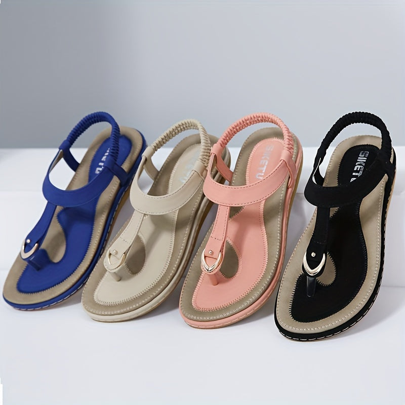 [Pink Flat Sandals] Pink Women's Flat Sandals, Large Size, Synthetic Upper, TPR Sole, Open Toe, Ankle Strap, Golden Buckle and Embroidered Straps | Summer 2025 Casual Footwear, Durable