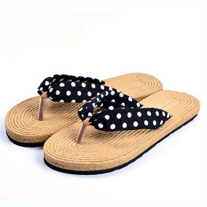 Women's Beach Flip-Flops with Linen Upper & EVA Sole - Non-Slip Flat Sandals, Beige & Black Polka Dot Design, Soft Cushioned Insole for Poolside, Summer Casual, and Casual Attire - Breathable Comfortable Slippers