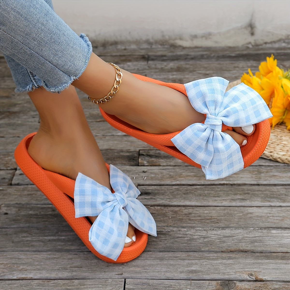 Women's Solid Color Flip Flops, Platform Soft Sole Slip On Plaid Bowknot Slides, Non-slip Summer EVA Beach Slides