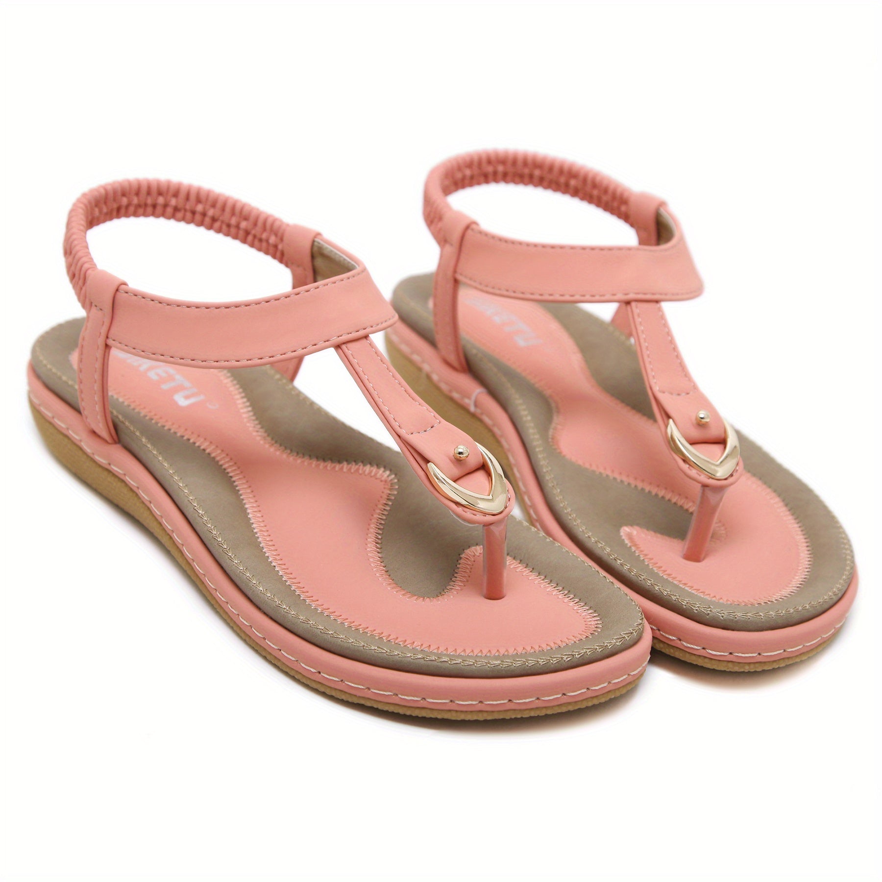 [Pink Flat Sandals] Pink Women's Flat Sandals, Large Size, Synthetic Upper, TPR Sole, Open Toe, Ankle Strap, Golden Buckle and Embroidered Straps | Summer 2025 Casual Footwear, Durable