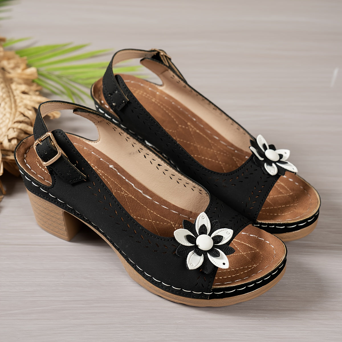 Women's Slip-On Roman Bohemian High-Heel Sandals - Chunky Platform Heels with Floral Cutout Design, Open-Toe Summer Beach Shoes in Black/White/Red/Brown - Synthetic Cover & PU Sole for Casual & Semi-Formal Outfits