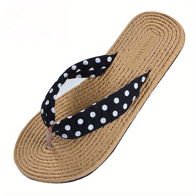 Women's Beach Flip-Flops with Linen Upper & EVA Sole - Non-Slip Flat Sandals, Beige & Black Polka Dot Design, Soft Cushioned Insole for Poolside, Summer Casual, and Casual Attire - Breathable Comfortable Slippers