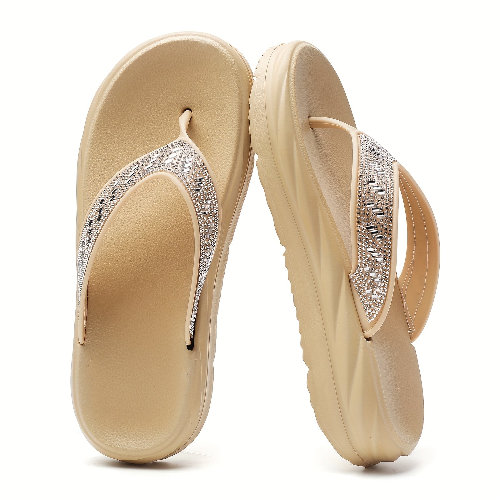 Women's Rhinestone Flip Flops - Stylish Black EVA Thick Sole Slides with Sparkling Accents, Non-Slip & Cushioned Comfort for Beach, Pool, Travel, Indoor & Outdoor Wear