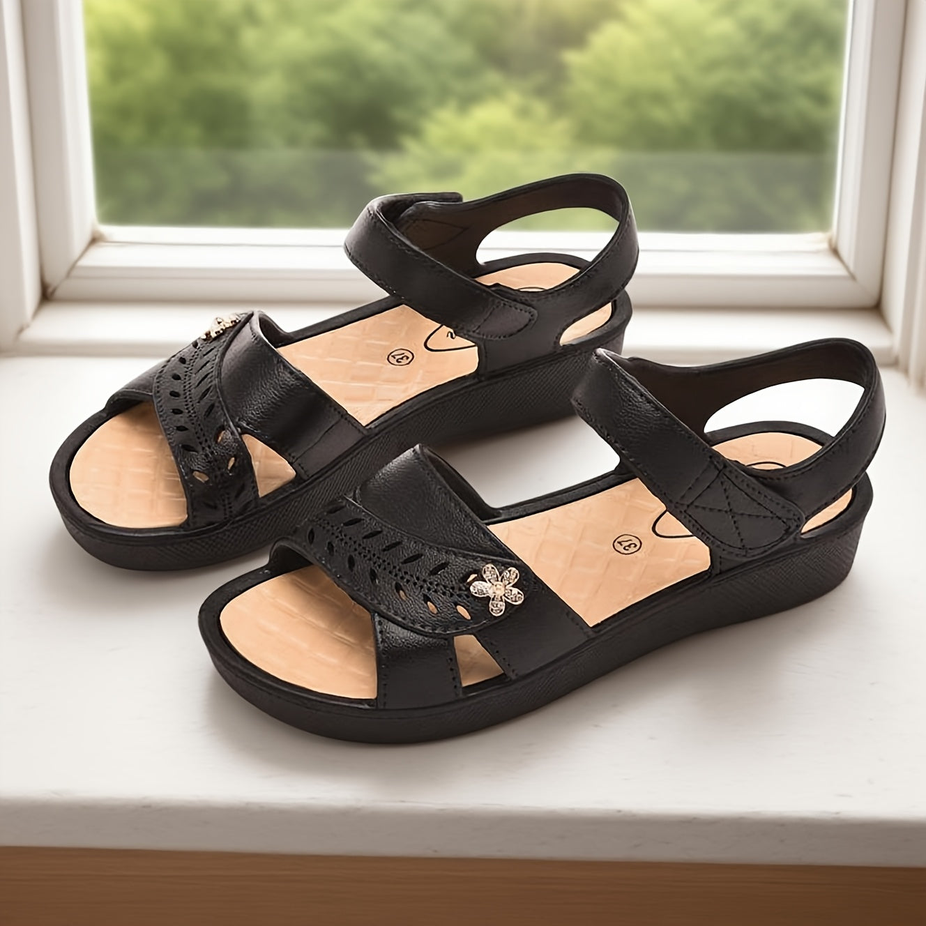 Women's Slip-On Sandals - Cushioned Comfort, Beige/White - Low Heel Beach & Office Shoes with Adjustable Crisscross Straps, Platform Flip Flops for Women, Rubber Sole Summer Casual Shoes
