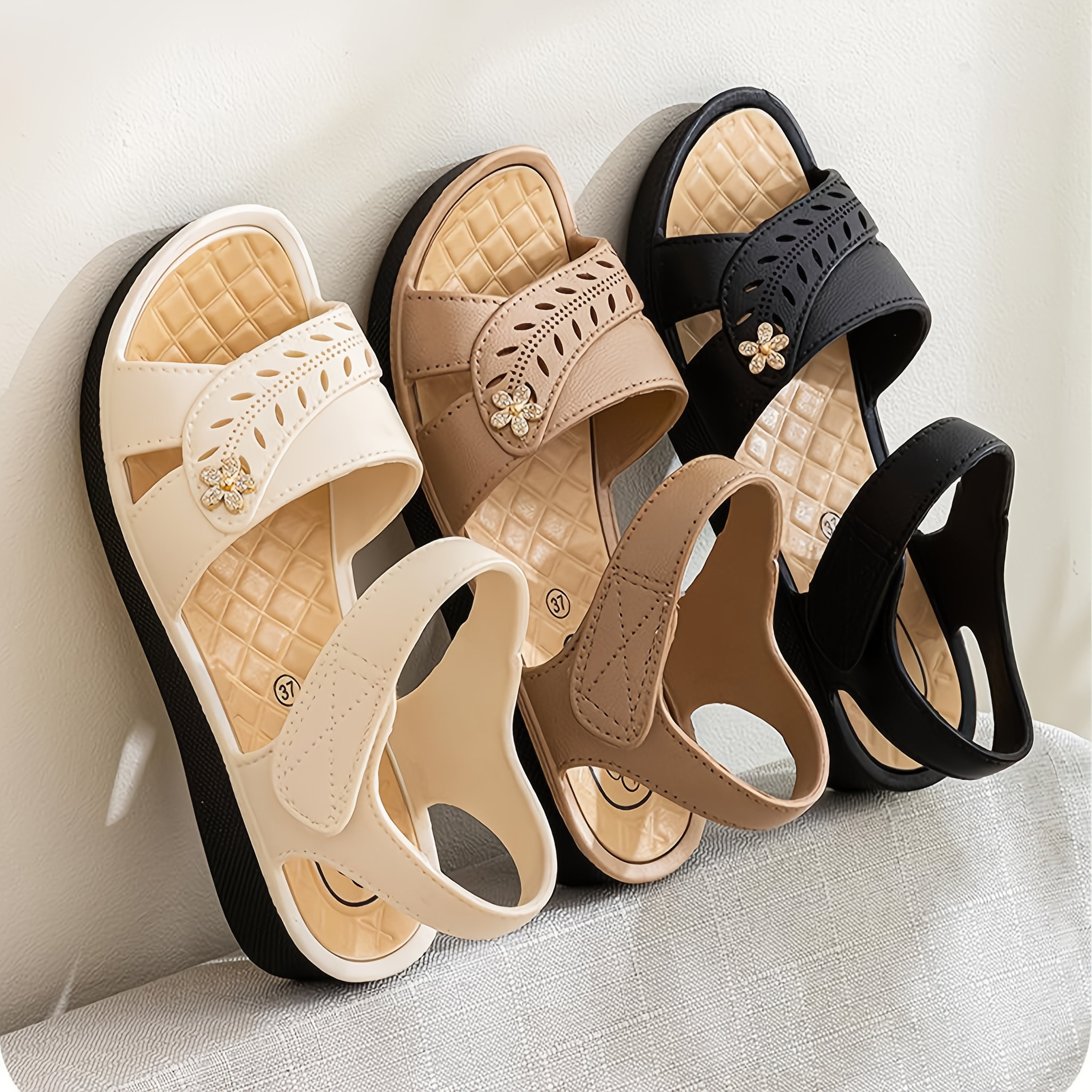 Women's Slip-On Sandals - Cushioned Comfort, Beige/White - Low Heel Beach & Office Shoes with Adjustable Crisscross Straps, Platform Flip Flops for Women, Rubber Sole Summer Casual Shoes