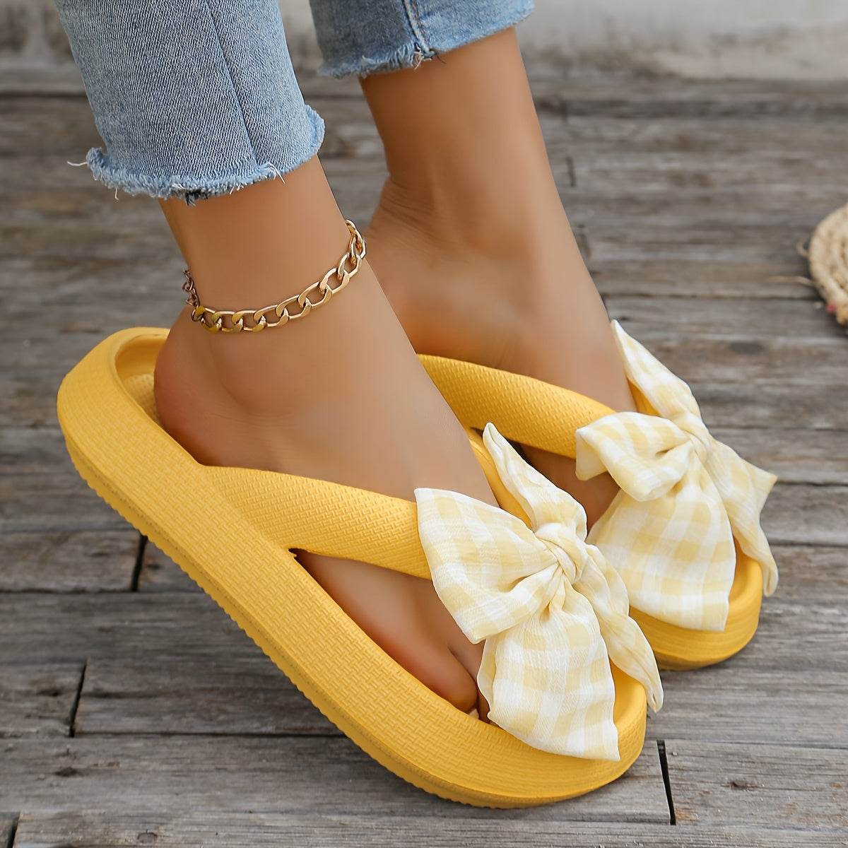 Women's Solid Color Flip Flops, Platform Soft Sole Slip On Plaid Bowknot Slides, Non-slip Summer EVA Beach Slides