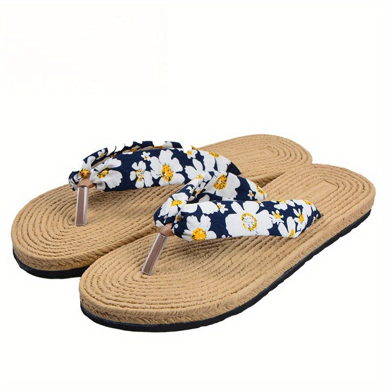 Women's Beach Flip-Flops with Linen Upper & EVA Sole - Non-Slip Flat Sandals, Beige & Black Polka Dot Design, Soft Cushioned Insole for Poolside, Summer Casual, and Casual Attire - Breathable Comfortable Slippers