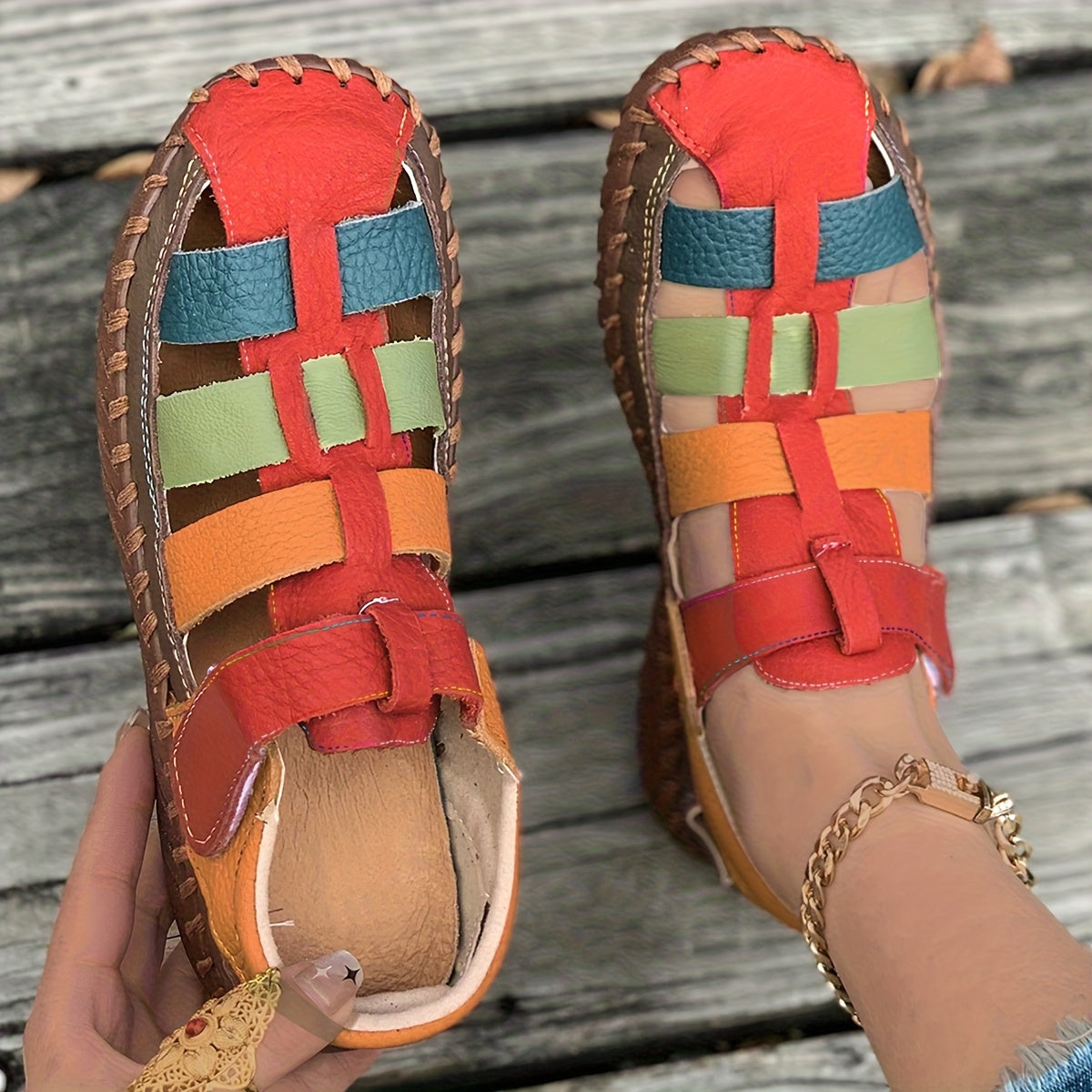 Women’s Colorful Flat Sandals - Soft Casual Loafers with Non-Slip Rubber Sole, Cut-Out Design, and Elastic Straps for Comfortable Fit, Ladies Sandals