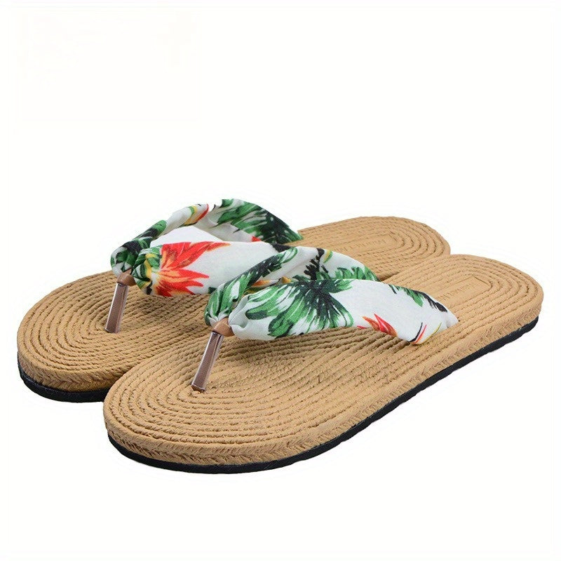 Women's Beach Flip-Flops with Linen Upper & EVA Sole - Non-Slip Flat Sandals, Beige & Black Polka Dot Design, Soft Cushioned Insole for Poolside, Summer Casual, and Casual Attire - Breathable Comfortable Slippers