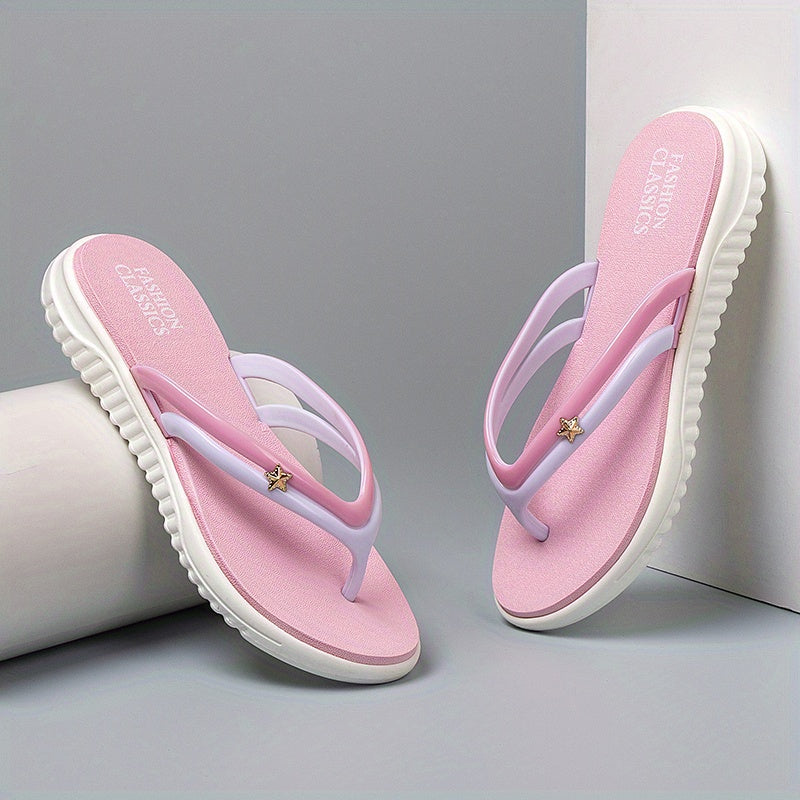 Women's Anti-Slip Mid-Heel Flip Flops - Soft Pink EVA Sandals with Hook-and-Loop Closure, Comfortable Casual Beach Shoes for All Seasons, Trendy French Heel Design, Summer Footwear, Crisscross Straps, Lightweight Footwear