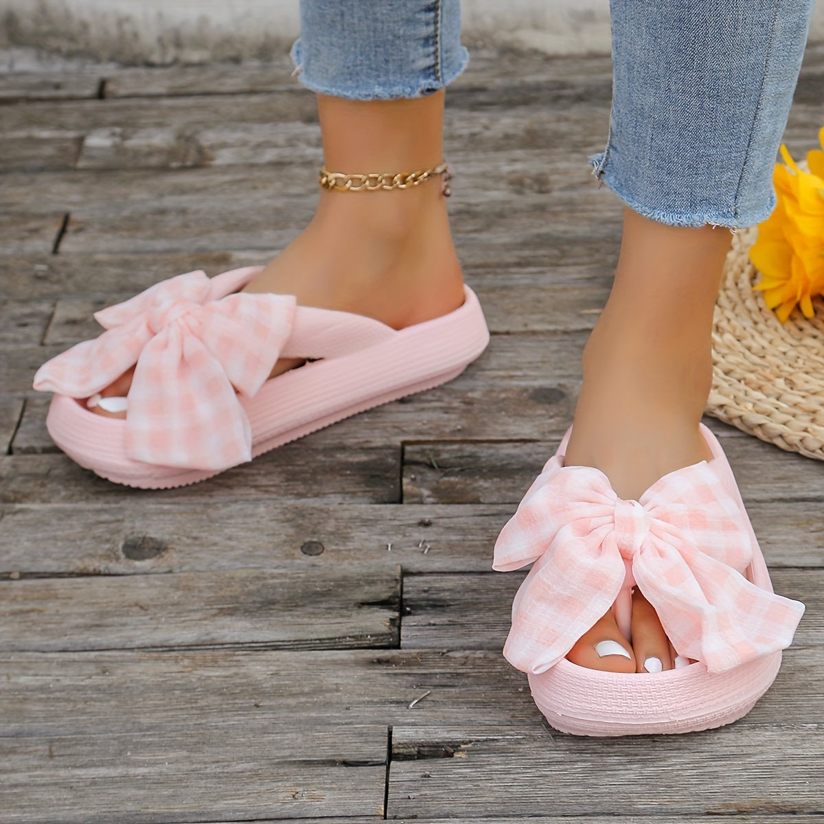 Women's Solid Color Flip Flops, Platform Soft Sole Slip On Plaid Bowknot Slides, Non-slip Summer EVA Beach Slides