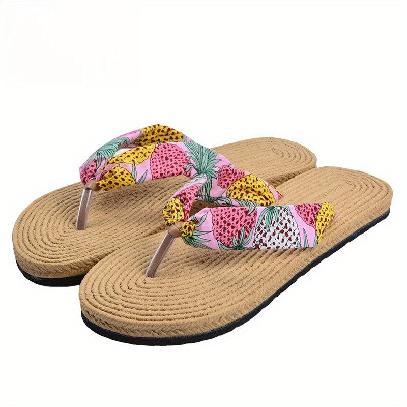 Women's Beach Flip-Flops with Linen Upper & EVA Sole - Non-Slip Flat Sandals, Beige & Black Polka Dot Design, Soft Cushioned Insole for Poolside, Summer Casual, and Casual Attire - Breathable Comfortable Slippers