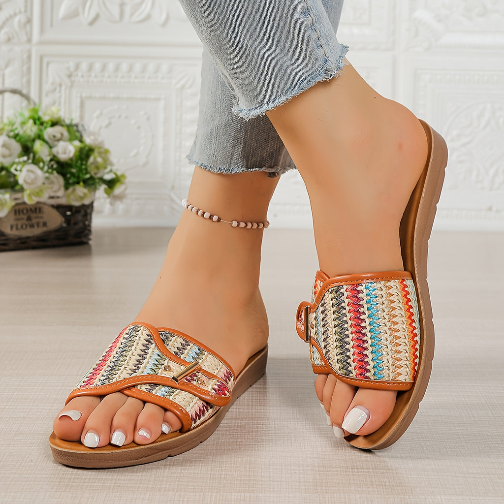 Women's Summer Slip-On Sandals - Non-Slip Cushioned insoles, Breathable Open-Toe Flat shoes with Pastel Colors (Beige/Blue/Pink/Orange/Teal/Purple/Black/White/Red/Golden) - PU Sole for Beach, Casual, Office - Easy-Clean Footwear, Beach Essentials, Woven