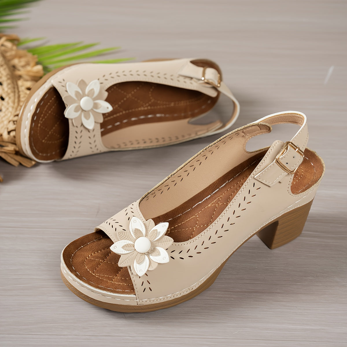 Women's Slip-On Roman Bohemian High-Heel Sandals - Chunky Platform Heels with Floral Cutout Design, Open-Toe Summer Beach Shoes in Black/White/Red/Brown - Synthetic Cover & PU Sole for Casual & Semi-Formal Outfits