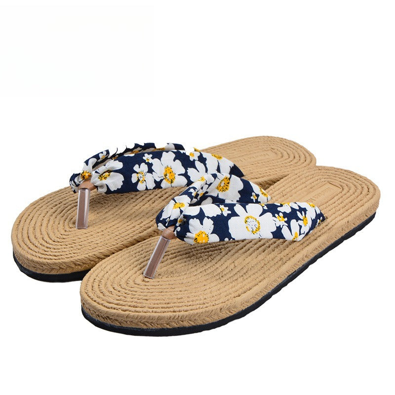 Women's Beach Flip-Flops with Linen Upper & EVA Sole - Non-Slip Flat Sandals, Beige & Black Polka Dot Design, Soft Cushioned Insole for Poolside, Summer Casual, and Casual Attire - Breathable Comfortable Slippers