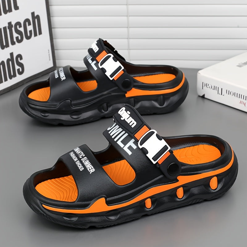 Women's Sport Sandals with Thick Cushioned EVA Sole, Slip-Resistant High Quality Design & Anti-Odor Technology - Black/Orange Letter Print for Beach, Outdoor, Home Use - Lightweight Breathable Slip-On Slippers