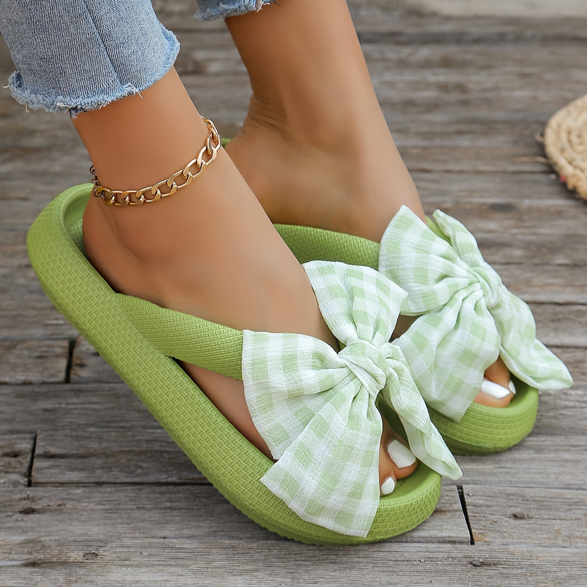 Women's Solid Color Flip Flops, Platform Soft Sole Slip On Plaid Bowknot Slides, Non-slip Summer EVA Beach Slides