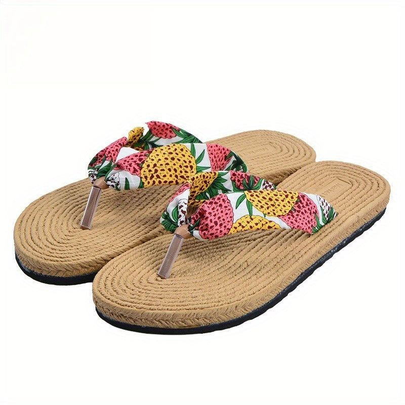 Women's Beach Flip-Flops with Linen Upper & EVA Sole - Non-Slip Flat Sandals, Beige & Black Polka Dot Design, Soft Cushioned Insole for Poolside, Summer Casual, and Casual Attire - Breathable Comfortable Slippers