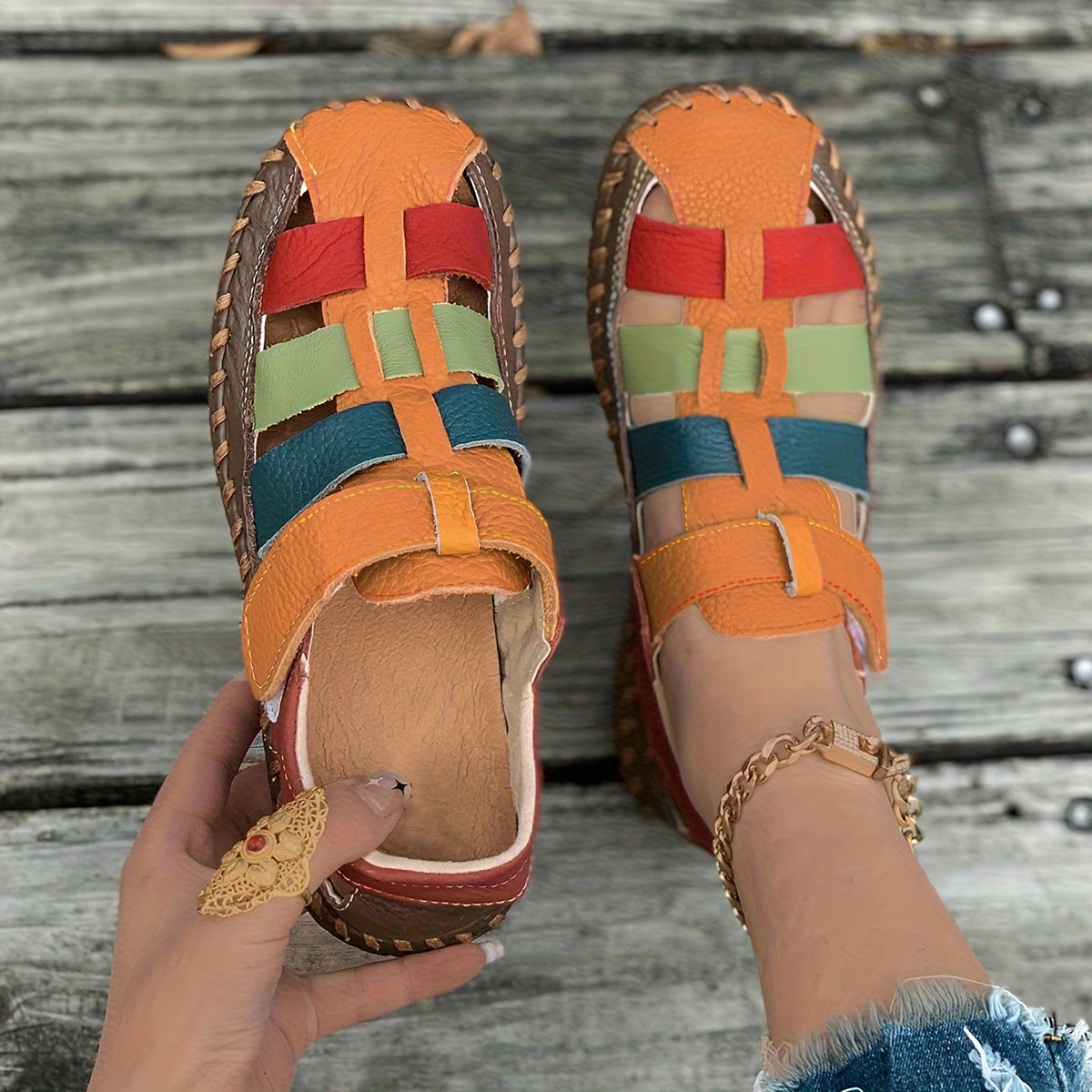 Women’s Colorful Flat Sandals - Soft Casual Loafers with Non-Slip Rubber Sole, Cut-Out Design, and Elastic Straps for Comfortable Fit, Ladies Sandals