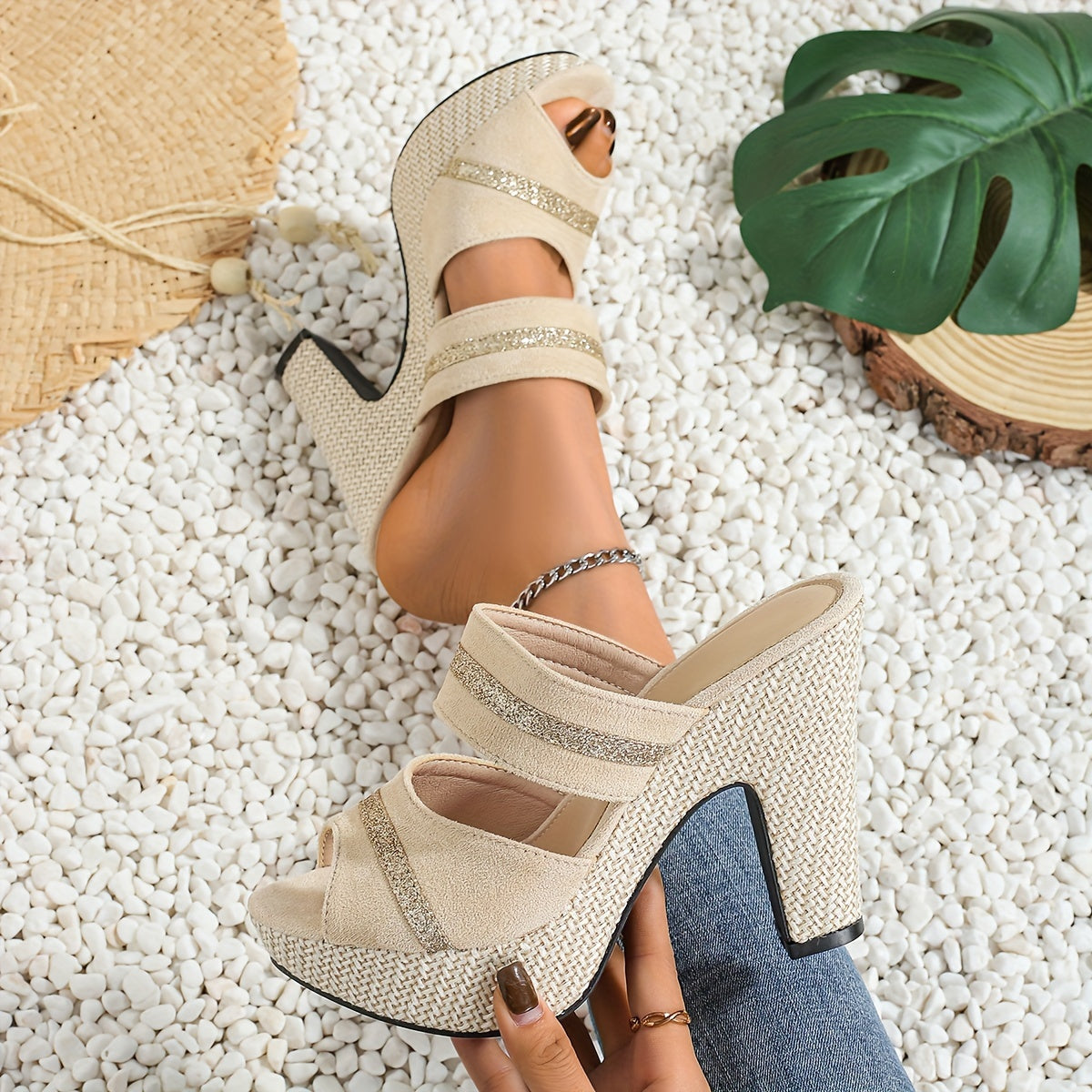 [Elegant Sandals] Ultra-High Heel Women's Bohemian Sandals | Elegant Thick-Soled Slip-On, Open-Toe Ankle Strap, All-Season Comfort, Synthetic Cover & TPR Sole, Decorative Stitching, Durable Footwear for Parties & Nightclubs