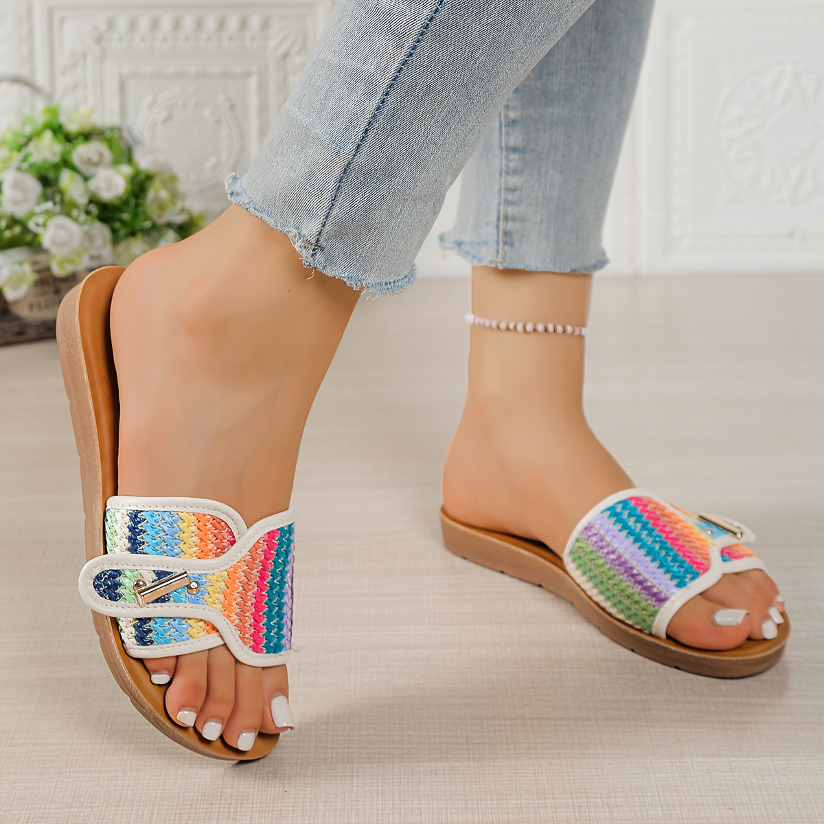 Women's Summer Slip-On Sandals - Non-Slip Cushioned insoles, Breathable Open-Toe Flat shoes with Pastel Colors (Beige/Blue/Pink/Orange/Teal/Purple/Black/White/Red/Golden) - PU Sole for Beach, Casual, Office - Easy-Clean Footwear, Beach Essentials, Woven