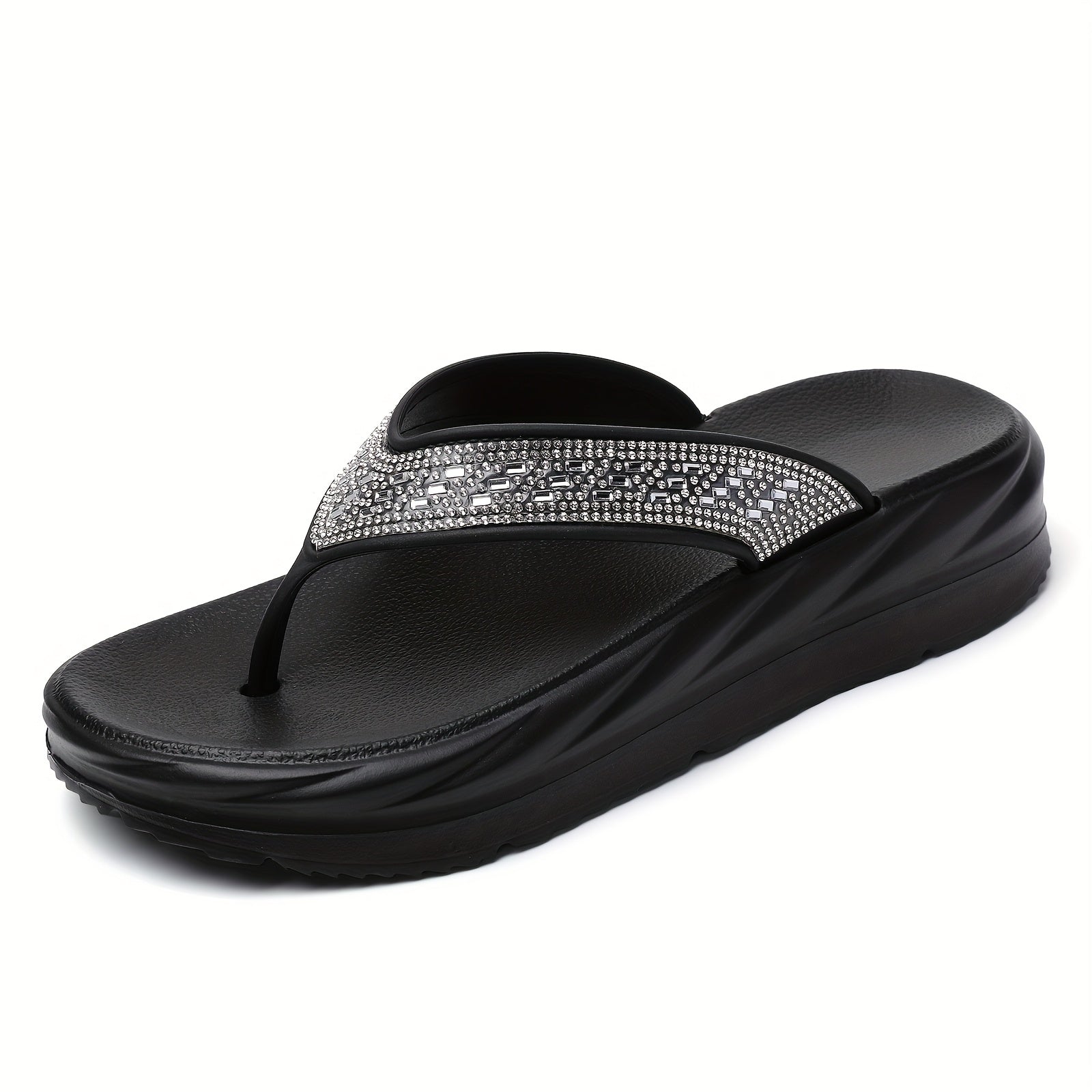 Women's Rhinestone Flip Flops - Stylish Black EVA Thick Sole Slides with Sparkling Accents, Non-Slip & Cushioned Comfort for Beach, Pool, Travel, Indoor & Outdoor Wear